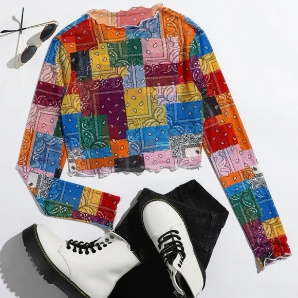SHEIN Tops - NWOT SHEIN Multicolor Lettuce Trim Patchwork Bandanna Print Mesh Top Size L Y2K